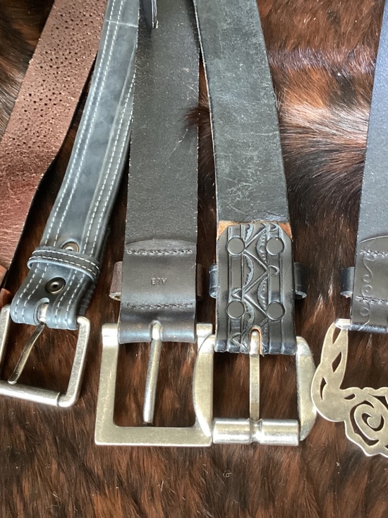 Lot of 5 Belts 3 Heavy Leather & 2 Manmade Great Metal Buckles?